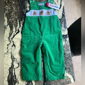 Green toddler holiday overalls